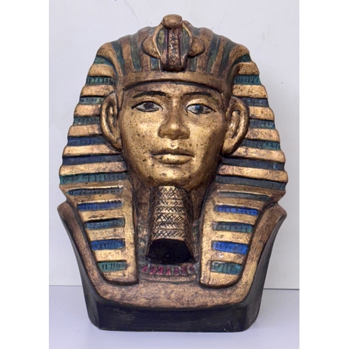 412 - A LARGE CERAMIC BUST OF TUTANKHAMUN GILT AND BLUE DESIGN - MARKED C1904' TO BASE -H: APPROX. 30CMS