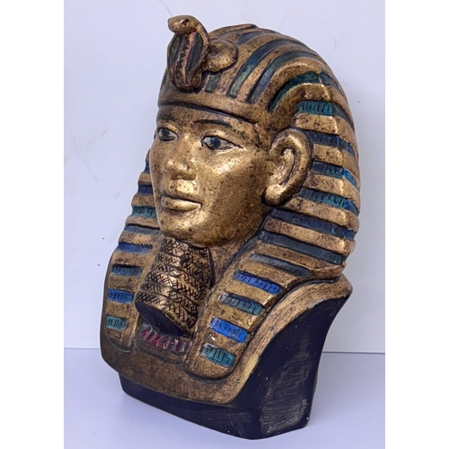 412 - A LARGE CERAMIC BUST OF TUTANKHAMUN GILT AND BLUE DESIGN - MARKED C1904' TO BASE -H: APPROX. 30CMS