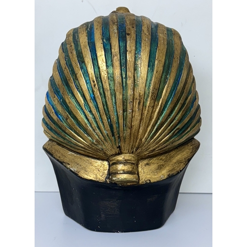 412 - A LARGE CERAMIC BUST OF TUTANKHAMUN GILT AND BLUE DESIGN - MARKED C1904' TO BASE -H: APPROX. 30CMS