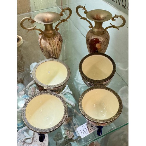 414 - PAIR OF BRASS/ONYX URNS TOGETHER WITH A PAIR OF OLD TUPTON WARE CERAMIC EGGS