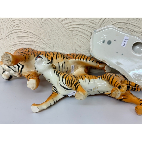 421 - 2 X LARGE BESWICK TIGER FIGURINES - TIGER AND TIGRESS AND BESWICK MOUNTAIN LION/PUMA - MARKED TO BAS... 