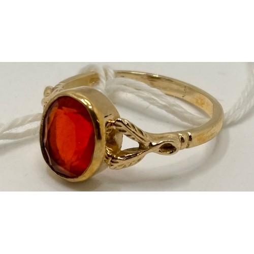 311 - 9CT YELLOW GOLD AND FIRE OPAL DECORATIVE DRESS RING, 3.16G, SIZE N/O