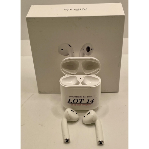 14 - BOXED PAIR OF APPLE AIR PODS IN CHARGING CASE WITH APPLE LIGHTNING CABLE