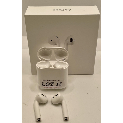 15 - BOXED PAIR OF APPLE AIR PODS IN CHARGING CASE WITH APPLE LIGHTNING CABLE