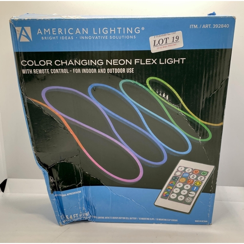 19 - BOXED AMERICAN LIGHTING 5M COLOUR CHANGING NEON FLEX LIGHT WITH R/C - FOR INDOOR/OUTDOOR USE