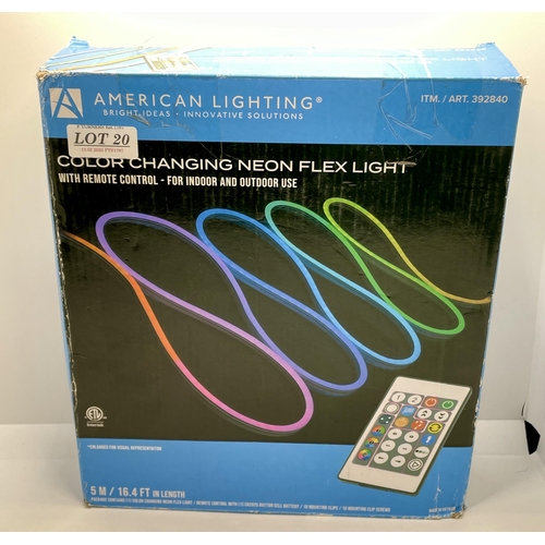 20 - BOXED AMERICAN LIGHTING 5M COLOUR CHANGING NEON FLEX LIGHT WITH R/C - FOR INDOOR/OUTDOOR USE