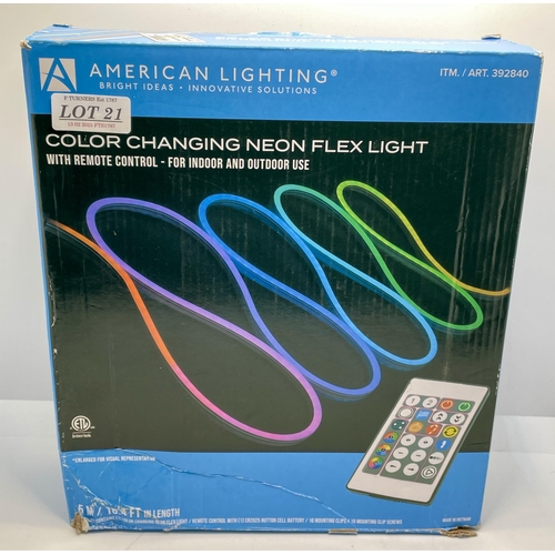 21 - BOXED AMERICAN LIGHTING 5M COLOUR CHANGING NEON FLEX LIGHT WITH R/C - FOR INDOOR/OUTDOOR USE