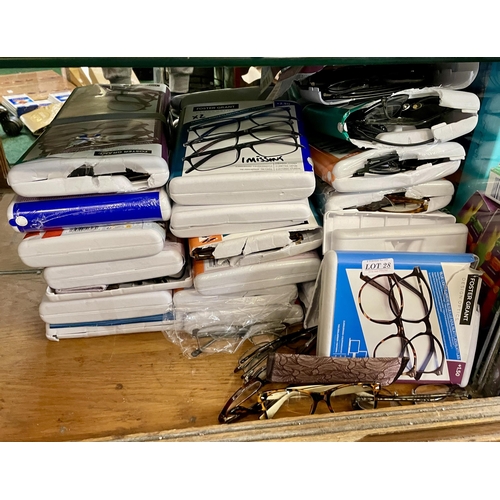 28 - LARGE QUANTITY OF FOSTER GRANT - VARIOUS STRENGTH READING GLASSES WITH DECORATIVE POUCHES -MIX OF +1... 