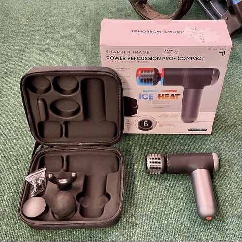 34 - BOXED SHARPER IMAGE POWER PERCUSSION PRO + COMPACT HOT/COLD DEEP TISSUE MASSAGER -WITH STORAGE CASE