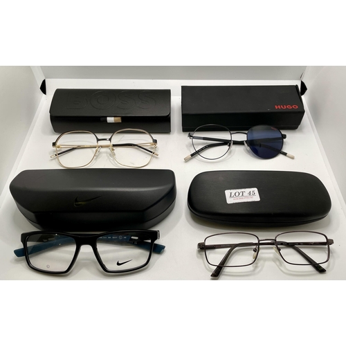 45 - 4 X PAIRS OF SPECTACLE FRAMES AND SUNGLASSES INC. HUGO BOSS/NIKE/KIRKLAND