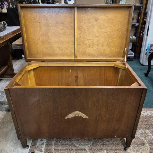 310 - OAK BLANKET BOX/ UTILITY CHEST WITH HINGED TOP ON CASTERS 91cm w  x 64cm h and 45cm d