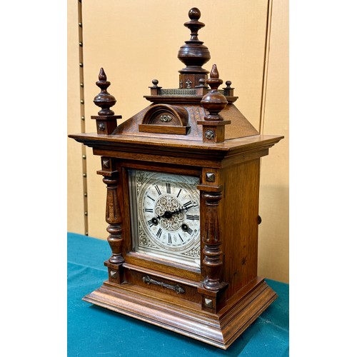 329 - ANTIQUE GERMAN MANTEL CLOCK WALNUT ARCHITECTURAL CASE APPROX 45CM H X 27CM W X 18CM D WITH KEY