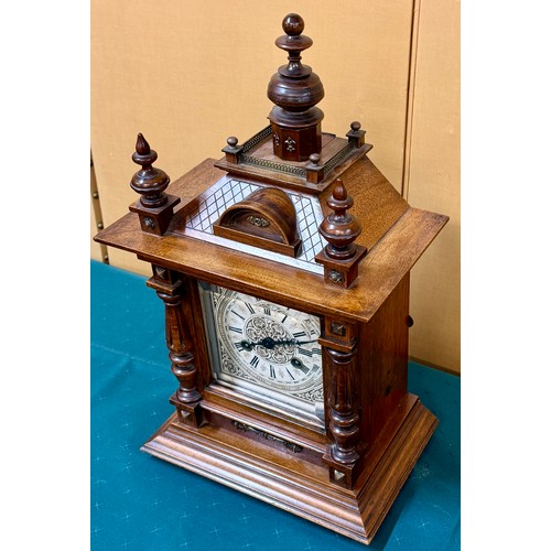 329 - ANTIQUE GERMAN MANTEL CLOCK WALNUT ARCHITECTURAL CASE APPROX 45CM H X 27CM W X 18CM D WITH KEY