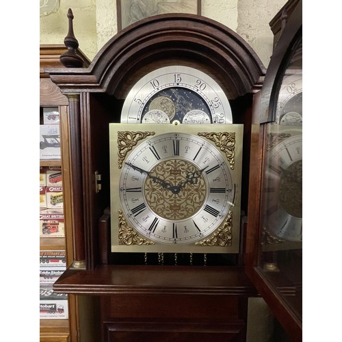 334 - A SUN AND MOON DIAL LONG CASE CLOCK BY FENCLOCKS SUFFOLK, WITH THREE WEIGHTS AND PENDULUM IN G.W.O K... 