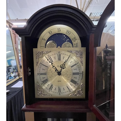 335 - A SUN AND MOON DIAL LONG CASE CLOCK BY FENCLOCKS SUFFOLK, WITH THREE WEIGHTS AND PEDNULUM IN G.W.O K... 