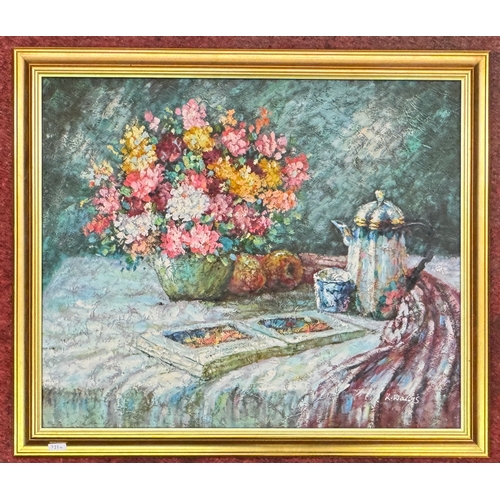 346 - IN THE MANNER OF KENT WALLIS - A VIVIDLY COLOURED IMPASTO PAINTING OF A TABLE DECORATED WITH A COFFE... 