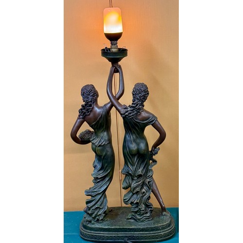 360 - A LARGE ART NOUVEAU STYLE TWIN FIGURATIVE TABLE LAMP SHOWING TWO MAIDENS HOLDING A TORCH LAMP -NOTE:... 