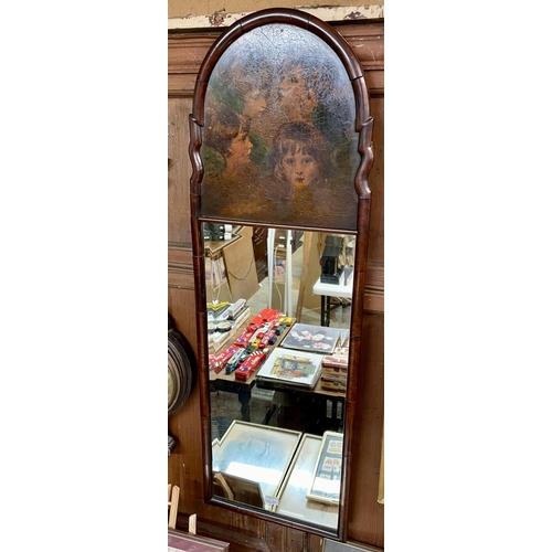 417 - AN EDWARDIAN MAHOGANY AND WALNUT VENEER MIRROR INCORPORATING A PRINTED PANEL OF CHILDRENS PORTRAITS