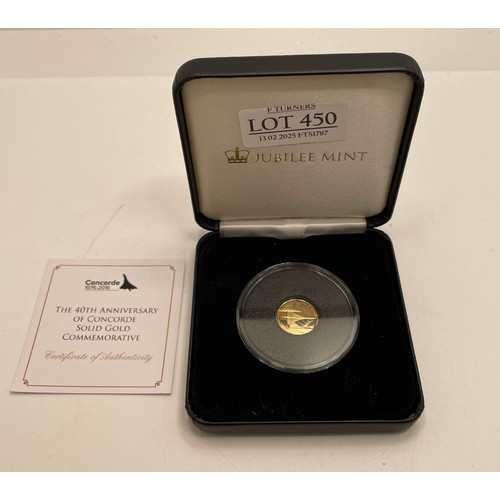 450 - THE 40TH ANNIVERSARY OF CONCORDE SOLID GOLD COMMEMORATIVE 9 CARAT GOLD COIN, 16MM, LTD EDITION OF 4,... 