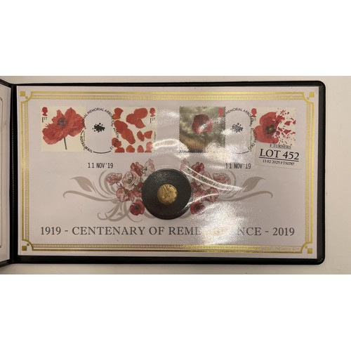 452 - 1919 - 2019 CENTENARY OF REMEMBRANCE 9 CARAT GOLD COIN, IN PRESENTATION COVER