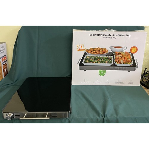 97 - BOXED CHEFMAN FAMILY SIZED GLASS-TOP XL WARMING TRAY
