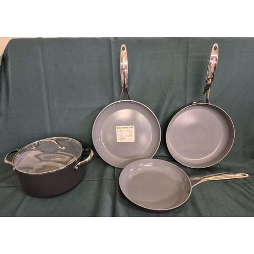 111 - 5 PC GREEN PAN MAGENTO 2 COOKWARE SET 4 PANS 1 LID INCL FRYING PANS SAUTE PAN AND STOCK POT