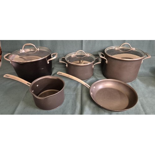 112 - 6 PIECE KIRKLAND COOKWARE SET - 4 PANS AND 2 LIDS - TOGETHER WITH A TRAMONTINA STOCK POT WITH LID