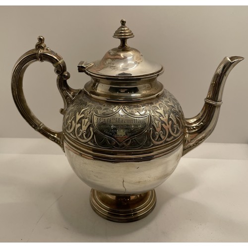 457 - A VICTORIAN SILVER PLATED TEA POT C.1890, WITH HEAVY ROCCOCO INLET DESIGN WIHT CARTOUCHE COMMEMORATI... 