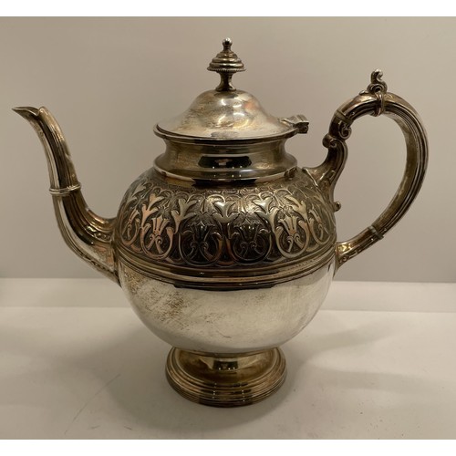 457 - A VICTORIAN SILVER PLATED TEA POT C.1890, WITH HEAVY ROCCOCO INLET DESIGN WIHT CARTOUCHE COMMEMORATI... 