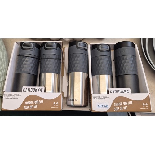 106 - SET OF 5 KAMBUKKA THERMAL HOT + COLD MUGS 4 X BOXED AND 1 LOOSE