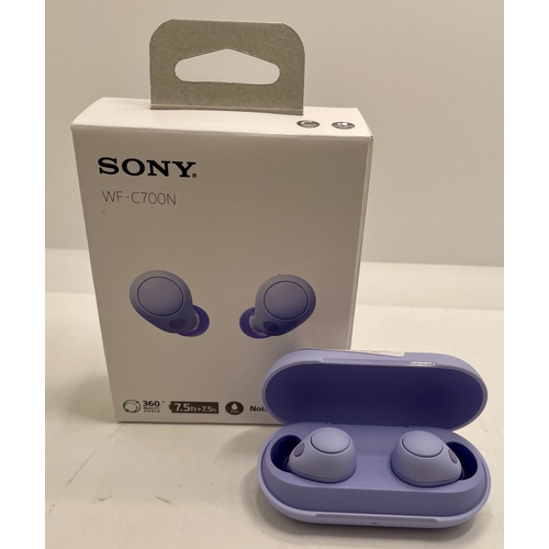 11 - BOXED PAIR OF SONY WF-C700N WIRELESS EAR BUDS WITH CHARGING WIRE AND EXTRA BUDS - IN LILAC