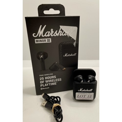 13 - BOXED PAIR OF MARSHALL MINOR III TRUE WIRELESS IN EAR BLUETOOTH EAR BUDS WITH CHARGING WIRE