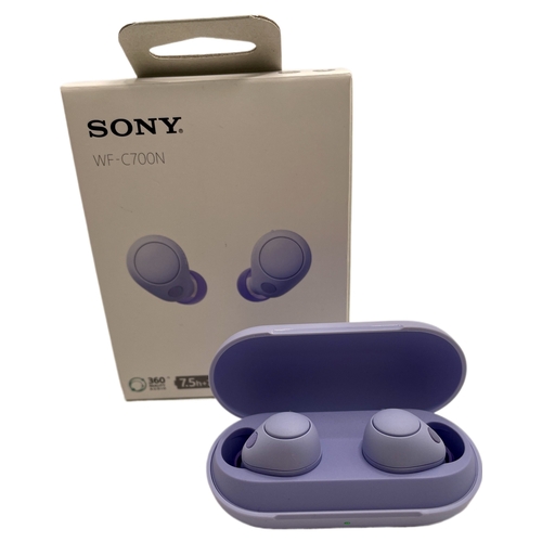 10 - BOXED PAIR OF SONY WF-C700N WIRELESS EAR BUDS WITH CHARGING WIRE AND EXTRA BUDS - IN LILAC