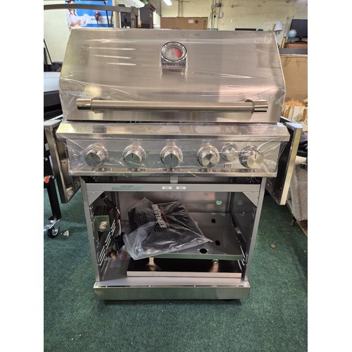 214 - KIRKLAND STAINLESS STEEL 6-BURNER GAS GRILL WITH COVER AS/NEW - NOTE FRONT DOORS ARE MISSING HINGES