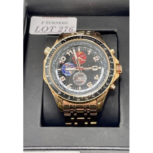 276 - A GAMAGES CHRONOGRAPH WRISTWATCH LIMITED EDITION ASTRONOMER AUTOMATIC WITH YELLOW METAL STAINLESS ST... 