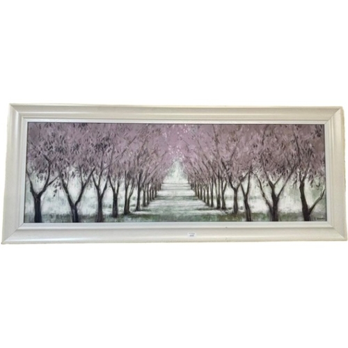 367 - A WHITE FRAMED PRINT OF A TREE LINED AVENUE BY S POLBROOK - IMAGE SIZE APPROX 40CM X 120CM