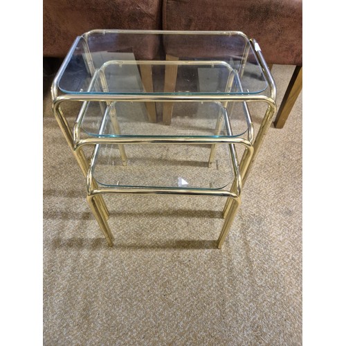 380 - SMALL METALLIC AND GLASS TOPPED NEST OF 3 OCCASIONAL TABLES
