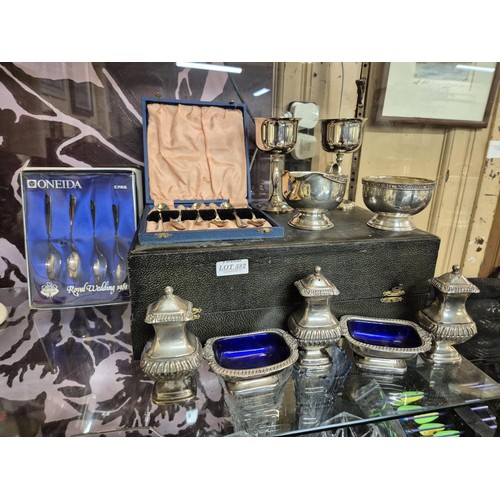 382 - SILVER PLATED TABLE WARE INCL VINERS CREAM JUG AND SUGAR BOWL, CAVALIER GOBLETS, PLATED SPOONS, SALT... 