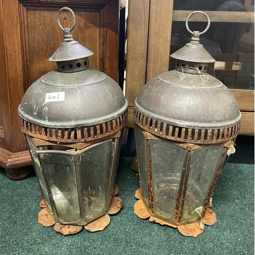 401 - 2 VICTORIAN HANGING LANTERNS WITH BEVELED EDGE GLASS