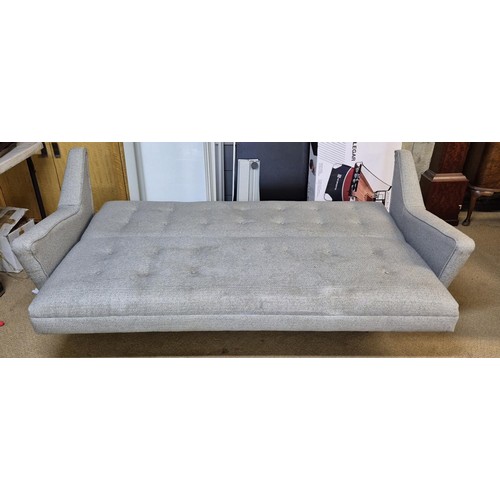 242 - GREY UPHOLSTERED BUTTON BACK SOFA/BED WITH KEY - APPROX 205CM X 89CM X 100CM