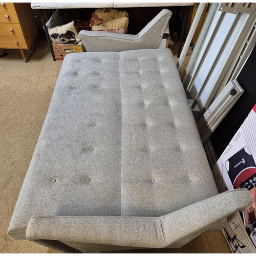 242 - GREY UPHOLSTERED BUTTON BACK SOFA/BED WITH KEY - APPROX 205CM X 89CM X 100CM