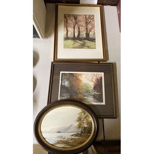 370A - QTY OF ETCHINGS AND PRINTS, INCL, A FRAMED AUTUMNS BEECHES PHOTOGRAPH BY TOM DALE 2X MINITURE WATER ... 