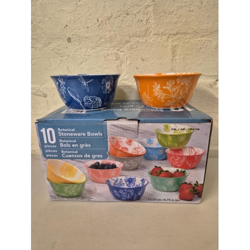 95 - BOXED SET OF 10 BOTANICAL STONEWARE SNACK BOWLS - VARIOUS COLOURS