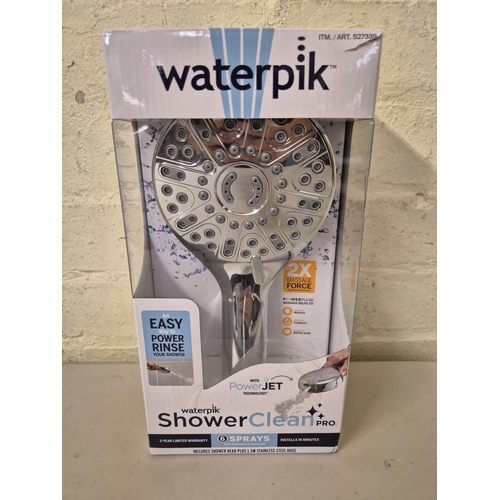 99 - BOXED WATERPIK SHOWER CLEAN PRO REPLACEMENT SHOWER HEAD WITH POWER JET WITH 6 VARIOUS SETTINGS
