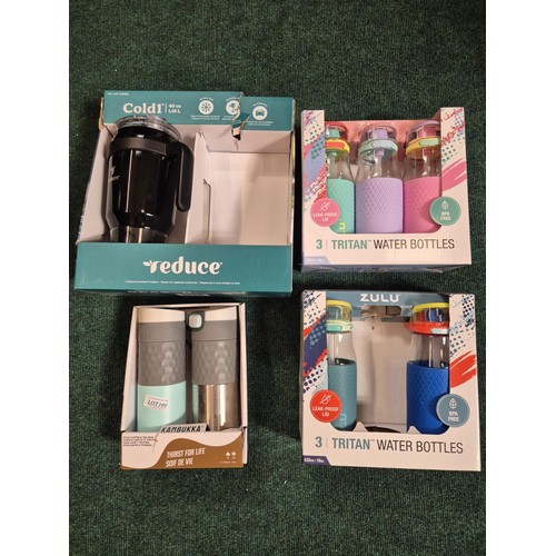 100 - BOXED SET OF 5 ZULU TRITAN WATER BOTTLES, BOXED SET OF 2 KAMBUKA INSULATED COFFEE MUGS AND A LARGE R... 
