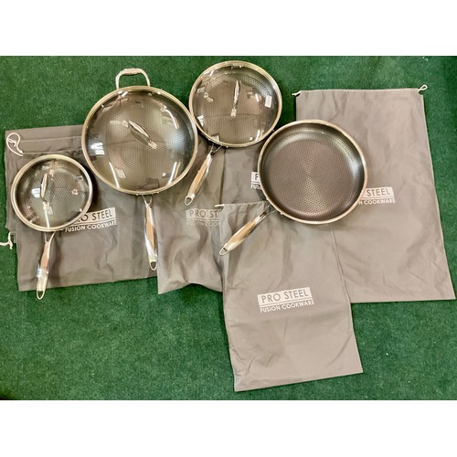 94 - PRO STEEL FUSION 7 PIECE COOKWARE SET 4 PANS 3 LIDS WITH DUST COVERS