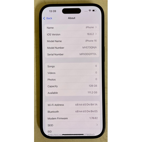 9 - BOXED APPLE IPHONE 16 128GB IN BLACK WITH CHARGING CABLE S/N: MPXDDQ9TDL -NOT LINKED TO AN ACCOUNT