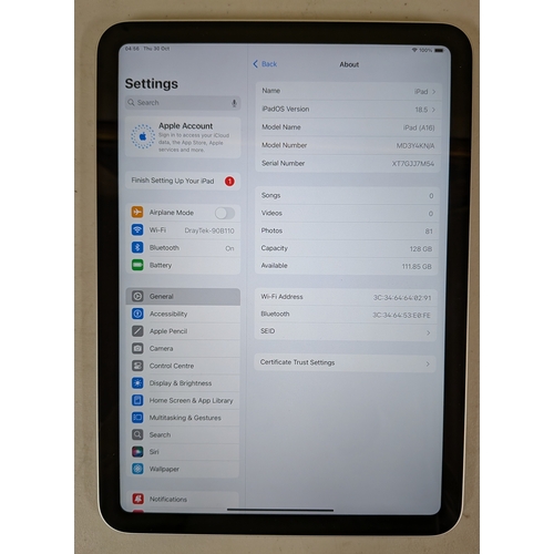 10 - BOXED APPLE IPAD A16 (11TH GEN) 128GB WITH CHARGING CABLE IN SILVER S/N XT7GJJ7M54 - NOT LINKED TO A... 