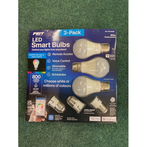 38 - SET OF THREE PACKAGED FEIT ELECTRIC SMART LED BULBS - WORKS WITH GOOGLE, ALEXA AND FEIT APP