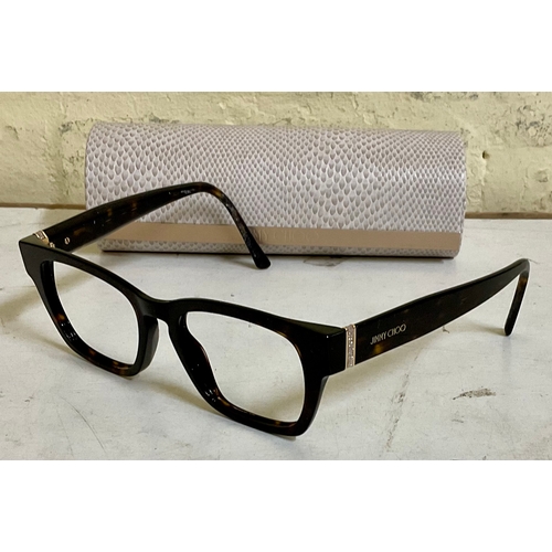 47 - JIMMY CHOO SPECTACLE FRAMES IN TORTOISE SHELL DESIGN AND DIAMANTE TRIM TO ARMS